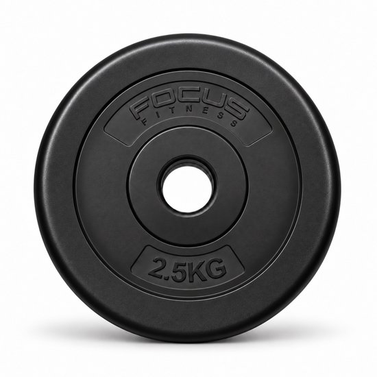 Ronde zwarte Focus Fitness halterschijf van 2,5 kg met een centrale opening van 30 mm.