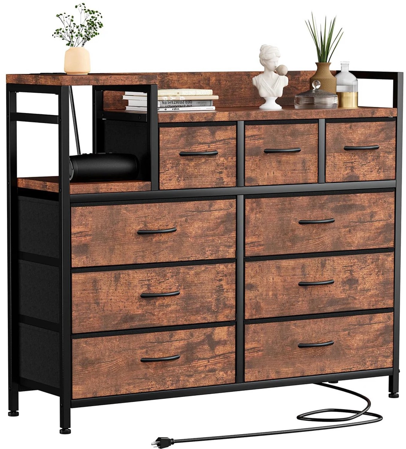 Heidat ladekast - Met 9 Laden en Oplaadstation - Kast met 2 Stopcontacten en 2 USB-Poorten – Stoffen Laden – Rustiek Bruin - 100 × 30 × 86 cm