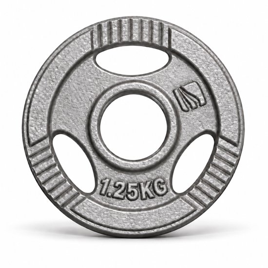 Grijze gietijzeren halterschijf van 1,25 kg met drie handgrepen en getextureerd oppervlak.