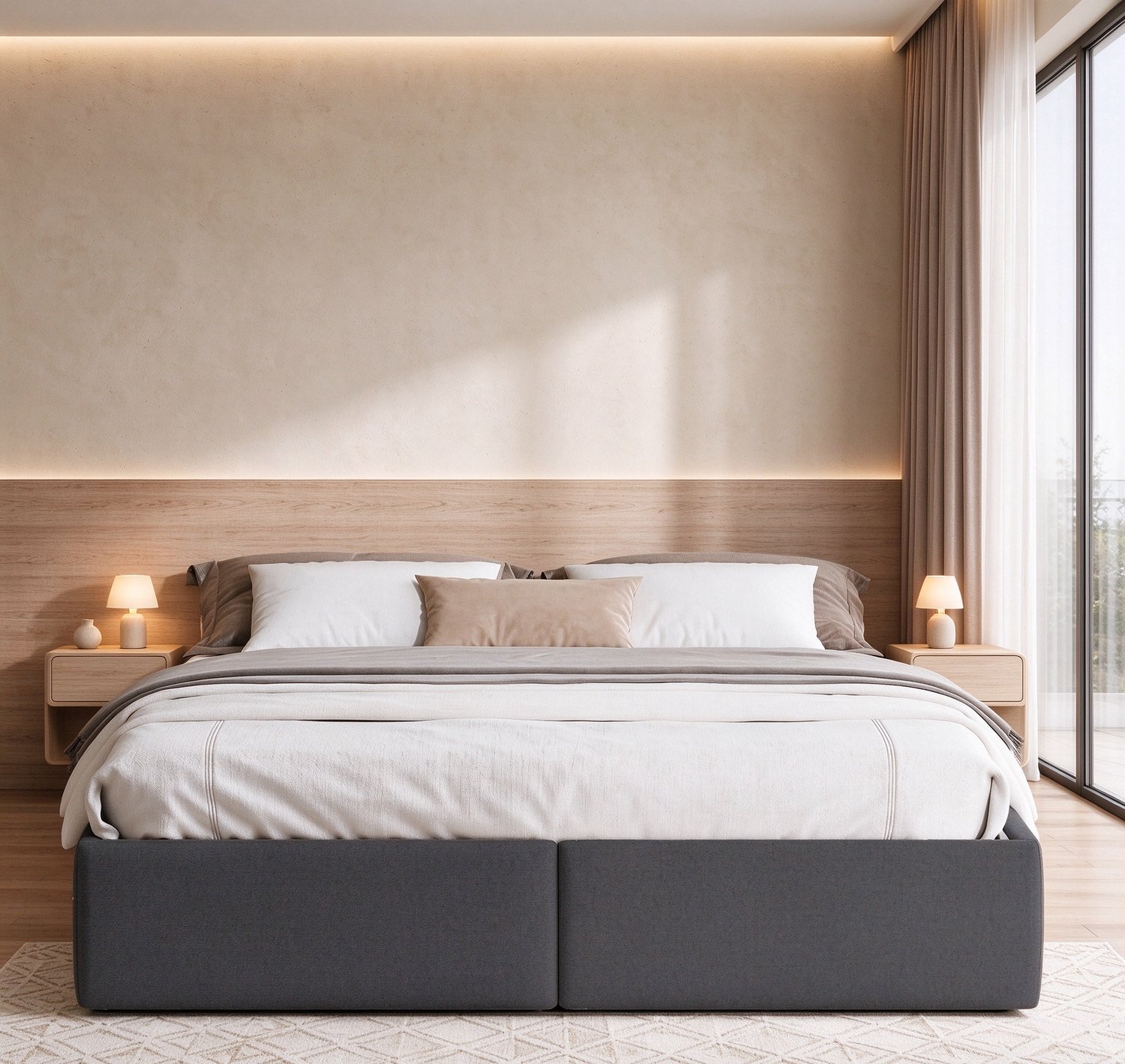 ROSAHQNDA Gestoffeerd tweepersoonsbed 160 x 200 cm met opbergruimte en 2 lades, hydraulisch bed zonder hoofdbord, opbergbed inclusief lattenbodem, geschikt voor volwassenen en tieners, linnenlook bekleding, exclusief matras Grijs