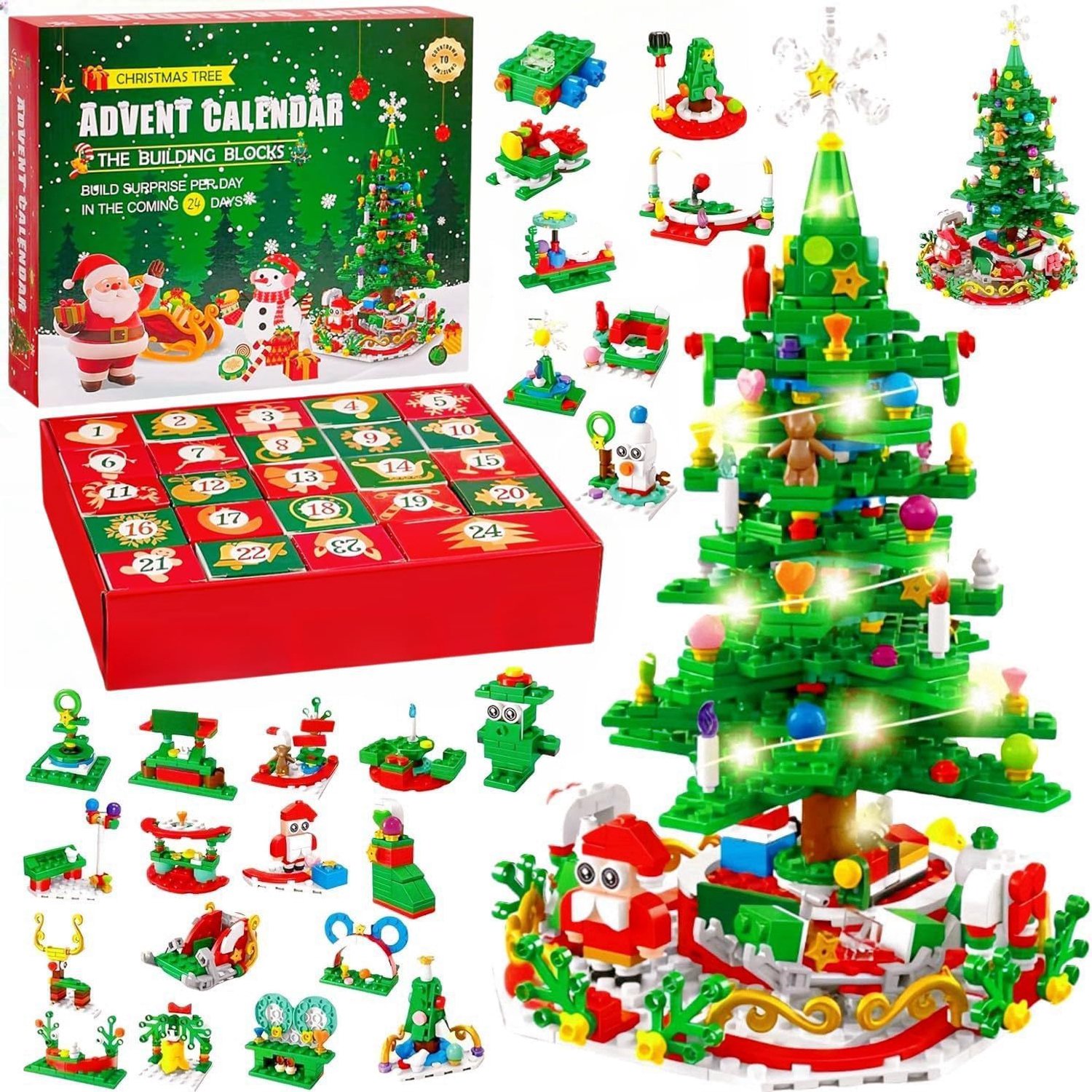 Adventskalender 2026 voor kinderen - adventskalender- Bouwstenen - Kinder Bouwset met Licht - kerstboom Bouwspeelgoed - 701 stuks klembouwstenen - kerstcadeau - speelgoed voor kinderen - jongens en meisjes