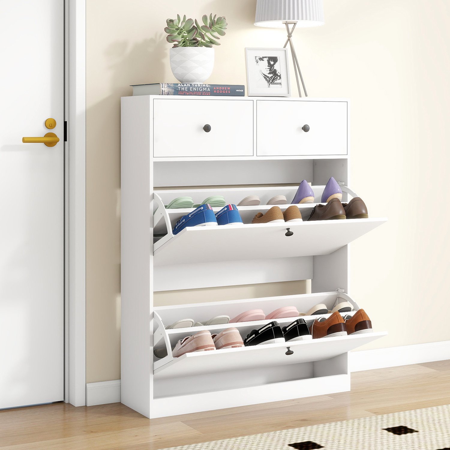 Puluomis Schoenenkast - 2 Niveaus - 2 lades - Met Klepdeur - 80 x 24 x 106 cm - Wit