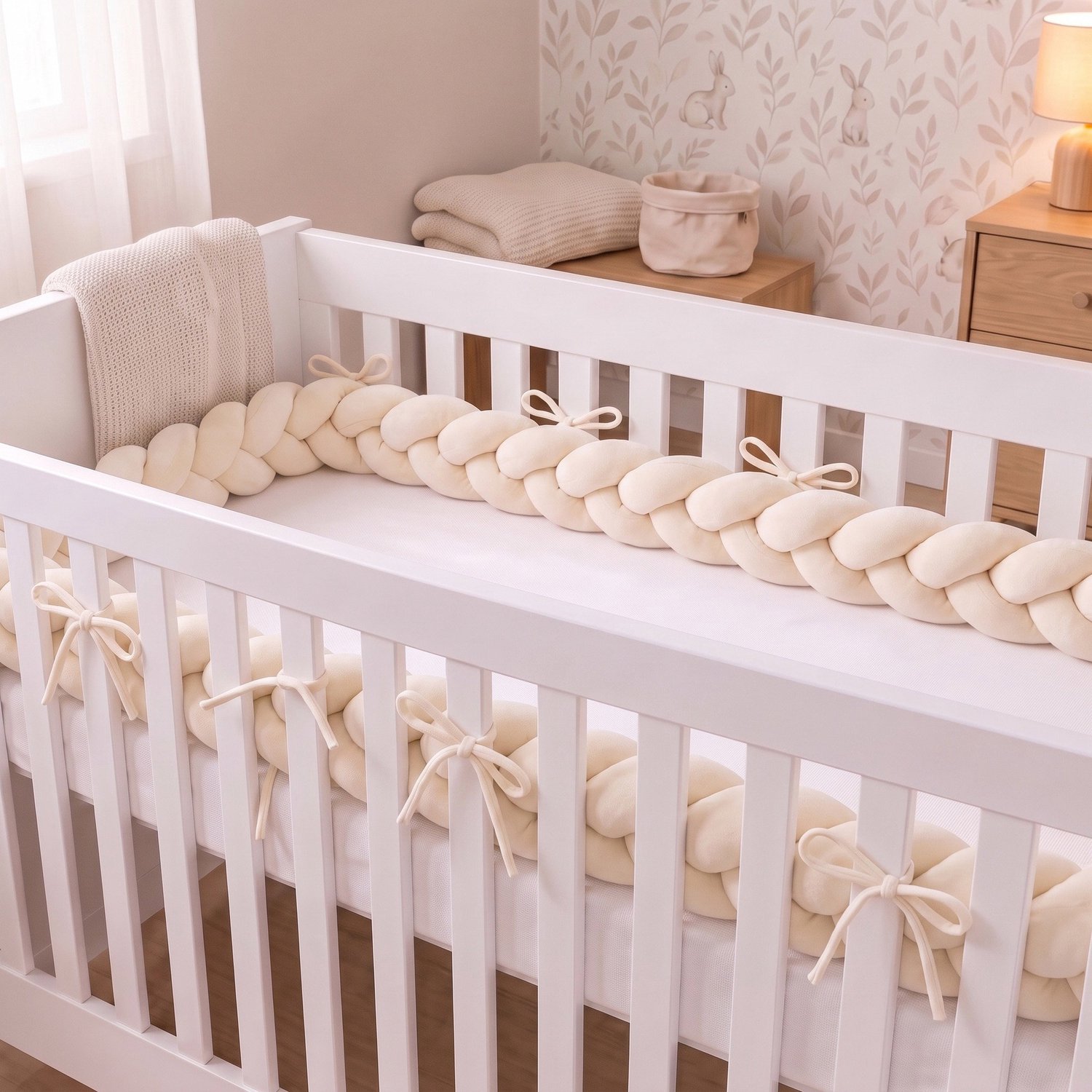 Honeybears Gevlochten Baby bedomrander – Boxomrander baby – Bedslang - Bedbumper - Hoofdbeschermer - Parkomrander - Bedrand - Bed bumper ledikant – 3 meter – Creme – foto 3