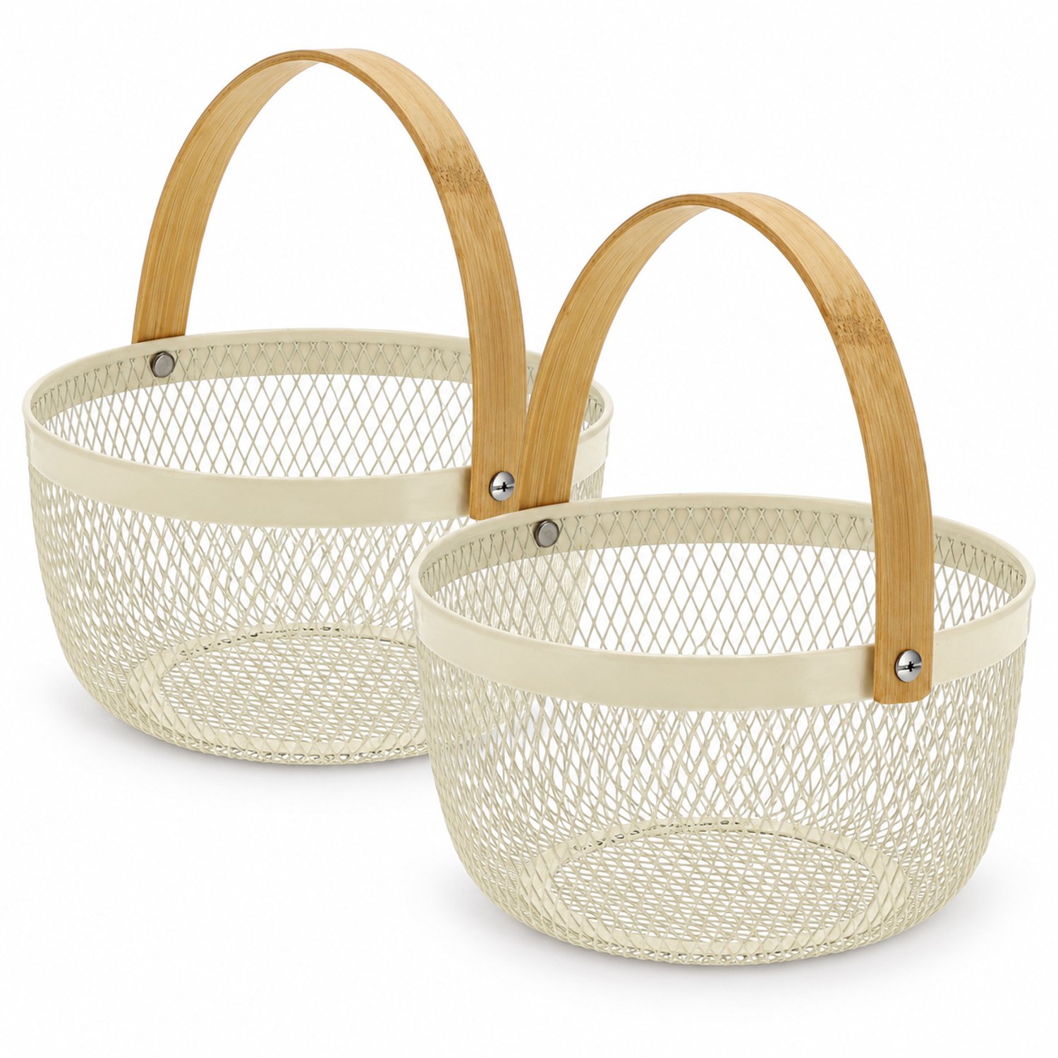 Opbergmand – Ronde Set van 2 – Ca. 3 Liter per Mand – Fruitmand en Organizer – Metaal met Bamboe Handvat – Draadmanden – Cadeaumand – Keuken, Badkamer, Woonkamer en Kantoor – Crème
