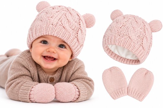 Set baby gebreide muts en wanten roze | 6-18 maanden | beervorm - beren oortjes - kindermuts - wantjes