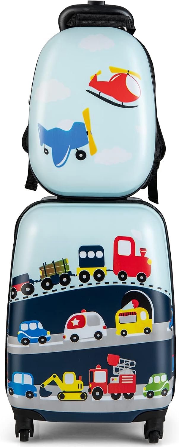 COSTWAY 2-delig kinderkoffer + rugzak, kindertrolley van kunststof, kinderreisbagage, kinderkofferset handbagage reisbagage harde schaal koffer voor jongens en meisjes (Vervoermiddel, 12"+16")