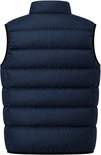 Achterkant van de donkerblauwe, gewatteerde bodywarmer.