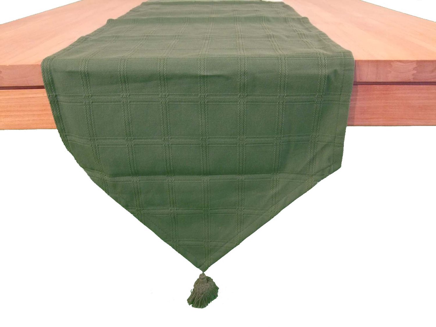 Tafelloper Marlyn - 40 x 140 cm - kleur 8 - groen - 100% katoen - met ingeweven blokkenpatroon en kwastjes aan uiteinden