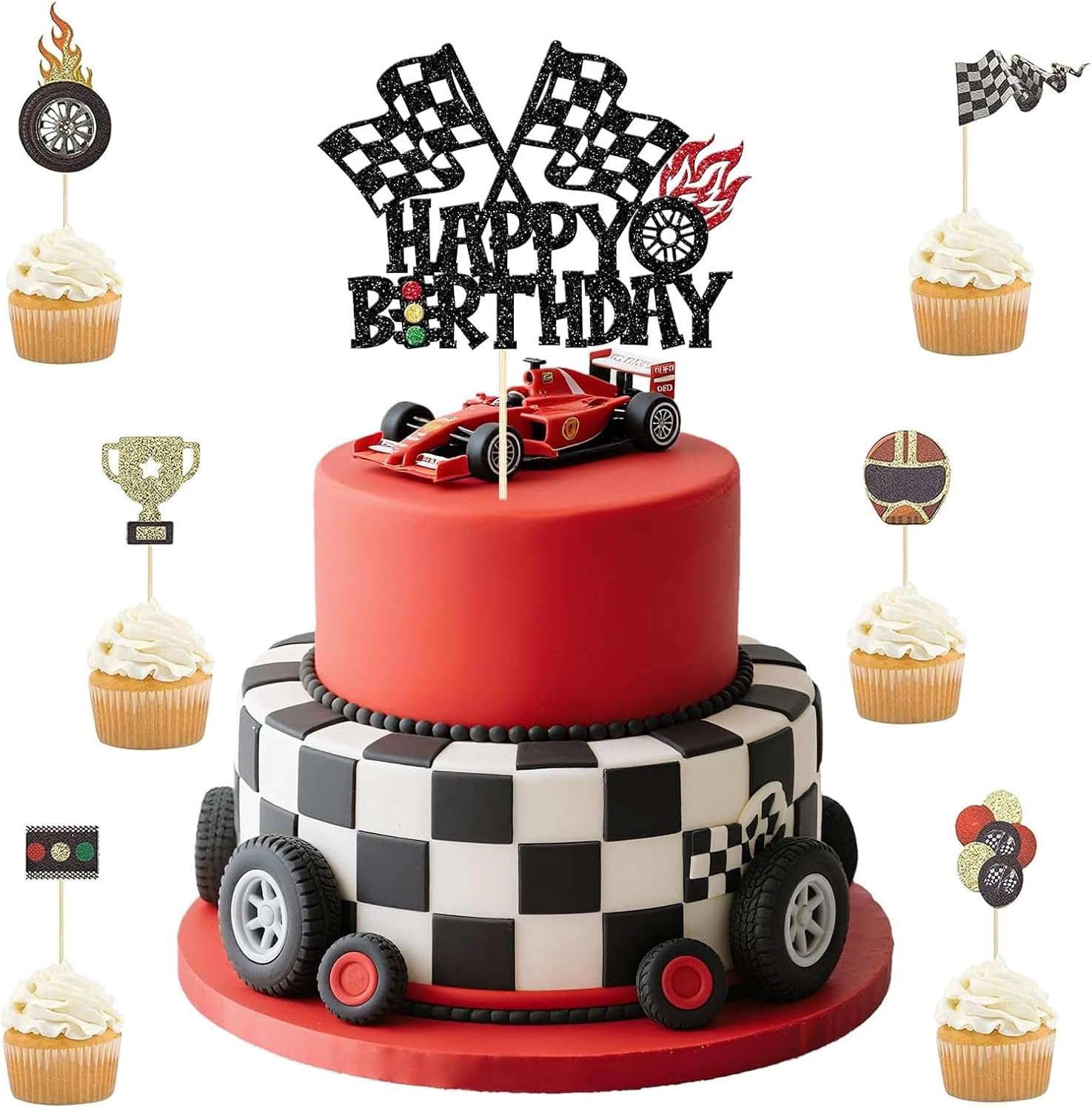 7 Auto taarttoppers + 1 verjaardagstaarttopper met karierflag voor een race thema feest