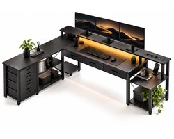 ITRONIQ Bureau L-Vormig 200x146 cm – Hoekbureau met 7 Lades – LED Verlichting – Monitorstandaard – Stopcontacten & USB – Zwart