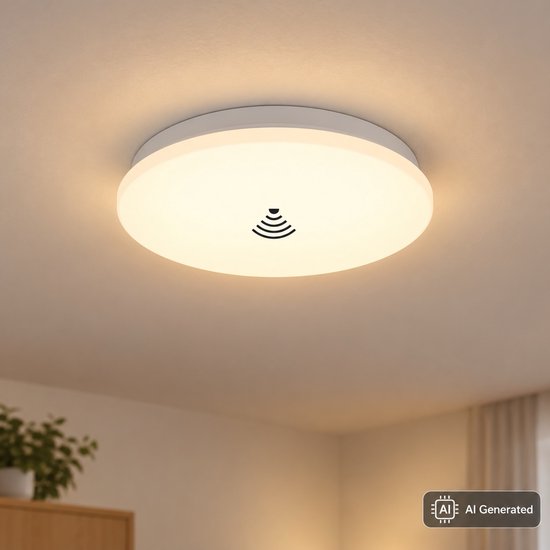 Ronde witte LED-plafondlamp met bewegingssensor in het midden die warm wit licht verspreidt.