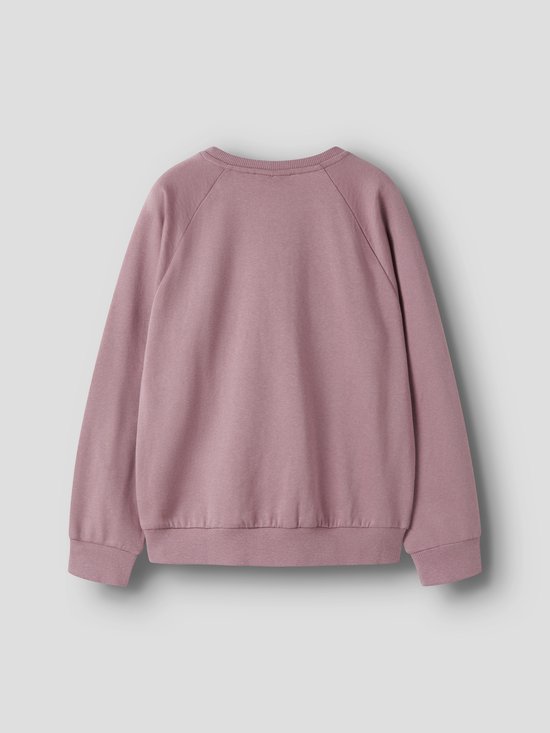 Roze sweater met ronde hals, lange mouwen en geribbelde boorden, achterzijde.