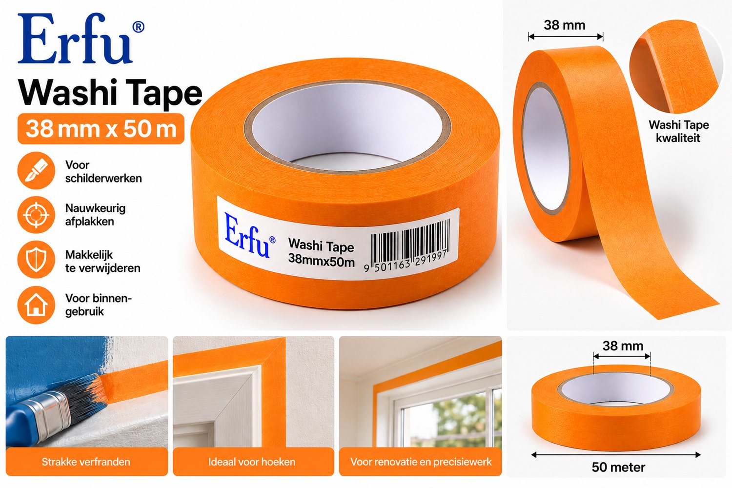 Washi Tape 38mm X 50M Afplaktape Verf