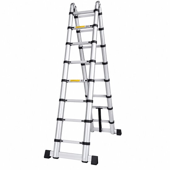 Aluminium vouwladder in A-stand met zwarte kunststof koppelstukken en stabilisatievoeten.