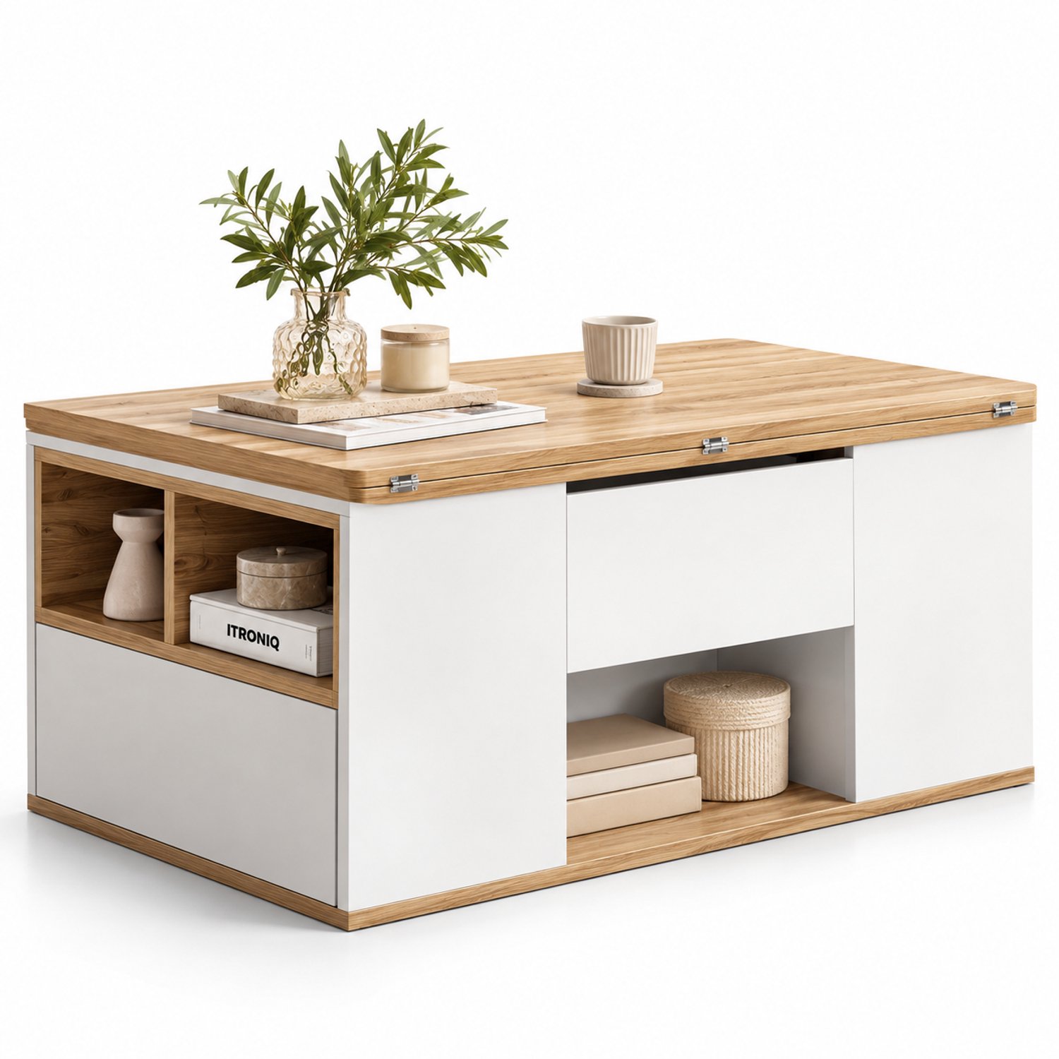 ITRONIQ Salontafel Verstelbaar – Lift Top Salontafel met 2 Lades en Opbergvakken – Uitschuifbaar Tafelblad – 100x51 cm – Wit/Hout Wit/Bruin