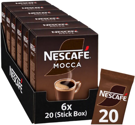 Voordeelverpakking met 6 doosjes Nescafé Mocca oploskoffie, elk met 20 individuele koffiesticks.