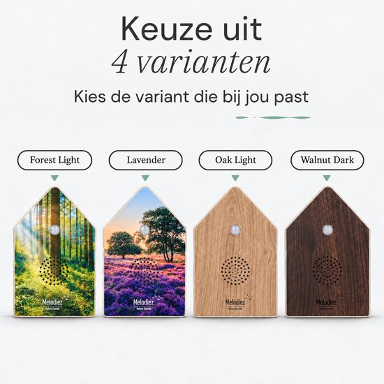Vier Melodiez geluidshuisjes: Forest Light, Lavender, Oak Light en Walnut Dark.