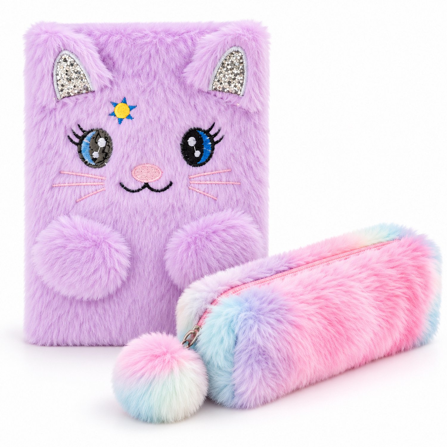 Goodz4All Poezen Dagboek Meisjes Pluche Fluffy Notitieboek met Etui Meisjes - A5 Notitieboek Gelijnd Regenboog Dagboek Kind Regenboog Etui Notitieboek Hardcover