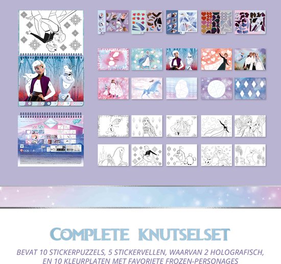 Vue d'ensemble du kit créatif La Reine des Neiges avec 10 puzzles d'autocollants, 5 planches et 10 coloriages.