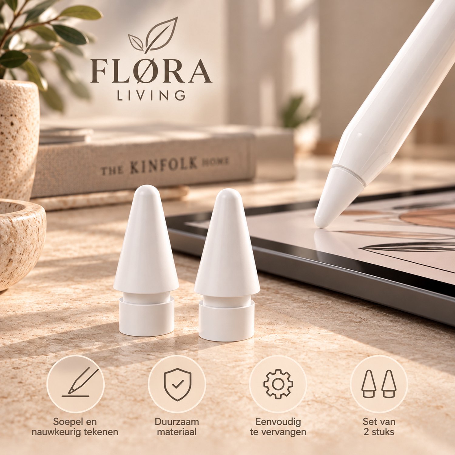 FLØRA Living Punt geschikt voor Apple Pencil - 2 stuks - Wit - Generatie 1 en 2