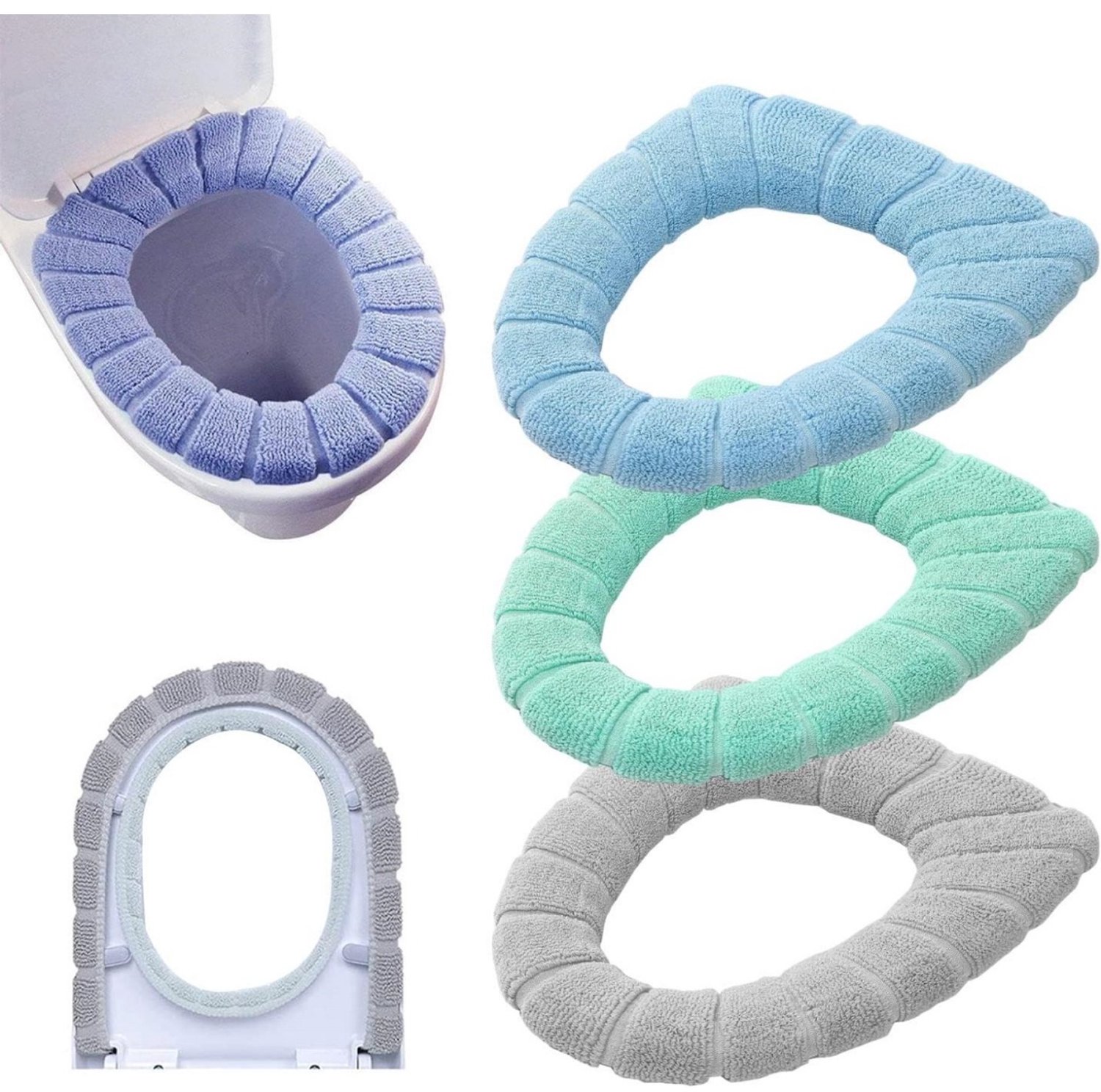 SSTRWGOOD Toiletbrilhoezen – 3-pack – Toiletbrilhoes - Zachte, dikke, warme, rekbare en wasbare stof – Groen, blauw en grijs – 30 cm