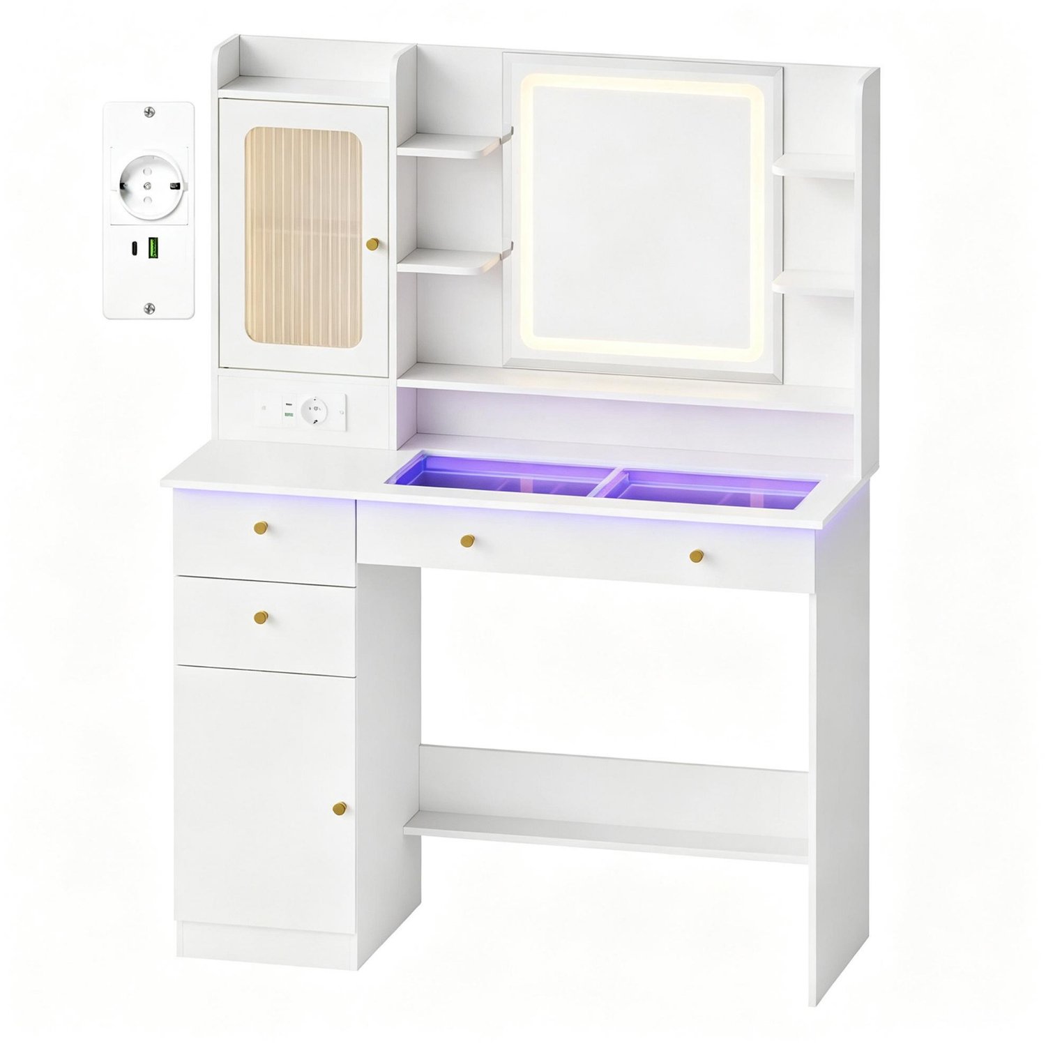 Kaptafel Met Dimbare Led Spiegel - Witte Make Upta­fel Met Lades En Kasten - Opbergruimte Voor Slaapkamer En Dressing - Houtmateriaal En Glas