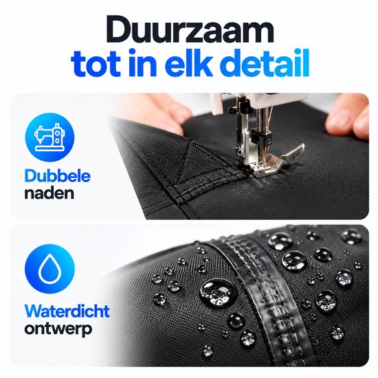 Detailopname van dubbele naden bij het naaien en een waterdicht oppervlak met druppels.