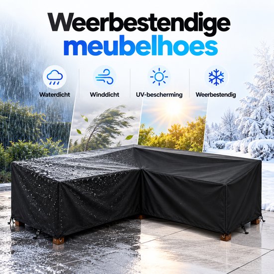 Zwarte L-vormige meubelhoes getoond in vier seizoenen: regen, wind, zon en sneeuw.