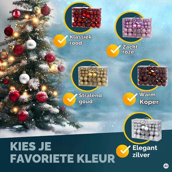 Overzicht van kerstballensets in diverse kleuren. Tekst: Kies je favoriete kleur.