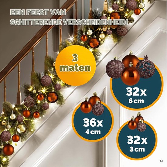Koperkleurige kerstballen in 3 maten hangend aan een trapleuning. Tekst: Een feest van schitterende verscheidenheid!
