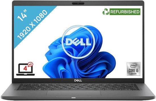 Dell Latitude laptop van 14 inch met een gereviseerd label, Windows-achtergrond en Intel Core i5-sticker.