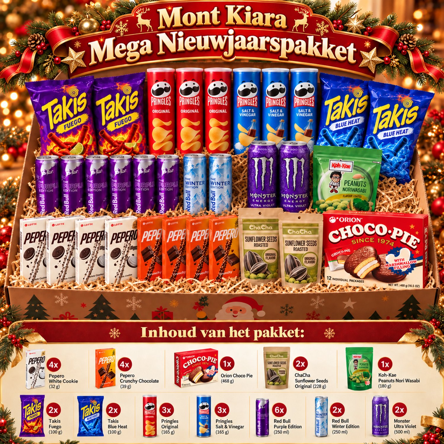 Mont Kiara Mega Nieuwjaarspakket – 32 Stuks – Luxe Kerst Snackbox & Partybox – Takis, Pringles, Red Bull, Monster, Pepero, Choco Pie & Aziatische Snacks – Feestelijk Cadeaupakket