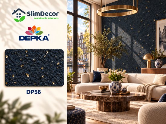 Staal DP56: donkerblauwe katoenpleister met goudaccenten, getoond in een elegant interieur bij een raam.