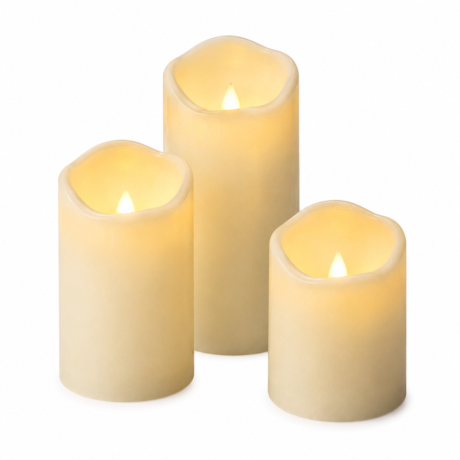 SWGOTA led kaarsen, set van 3 met bewegende vlam, kunststof met schuine bovenrand, diameter 7.5 cm, hoogtes 10/12.5/15 cm Crème