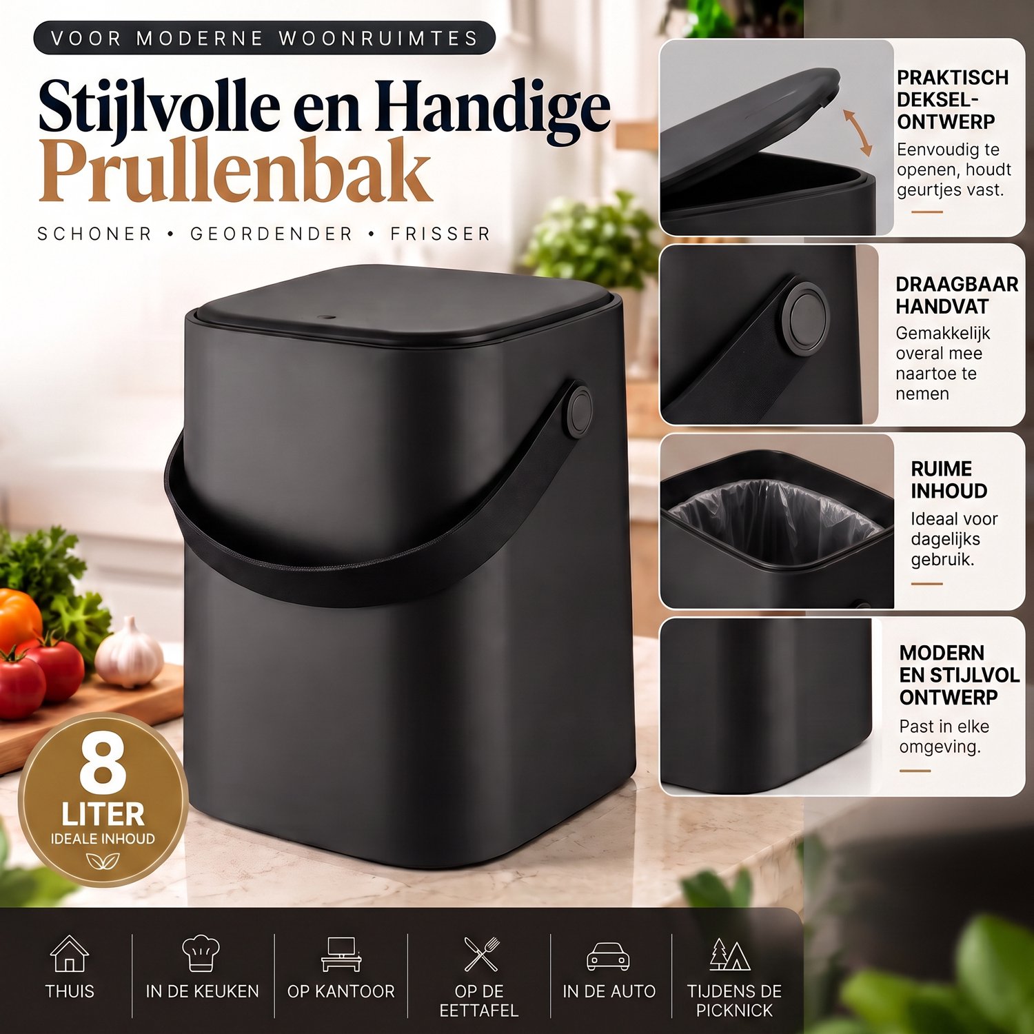 INDECOR Prullenbak 8 Liter met Drukdeksel – Afvalemmer met Uitneembare Binnenemmer en Handgreep – Aanrecht Prullenbak voor Keuken & Badkamer – Zwart