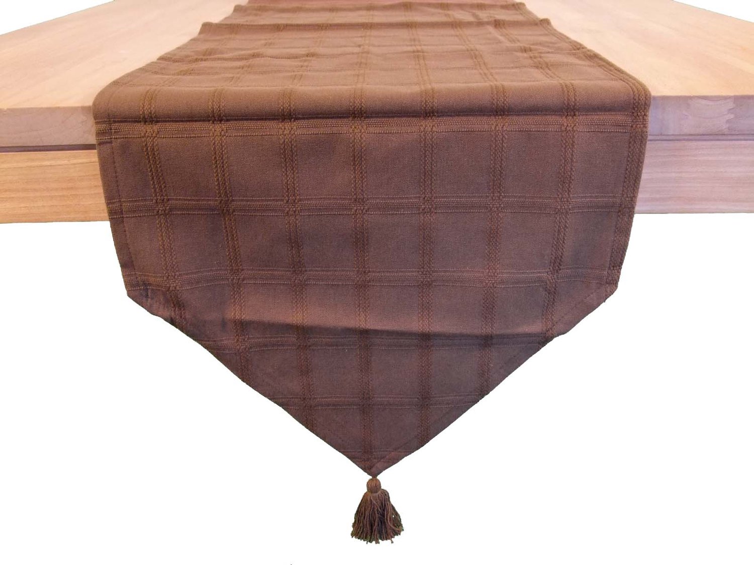 Tafelloper Marlyn - 40 x 210 cm - kleur 11 - bruin - 100% katoen - met ingeweven blokkenpatroon en kwastjes aan uiteinden - loper - lopertje