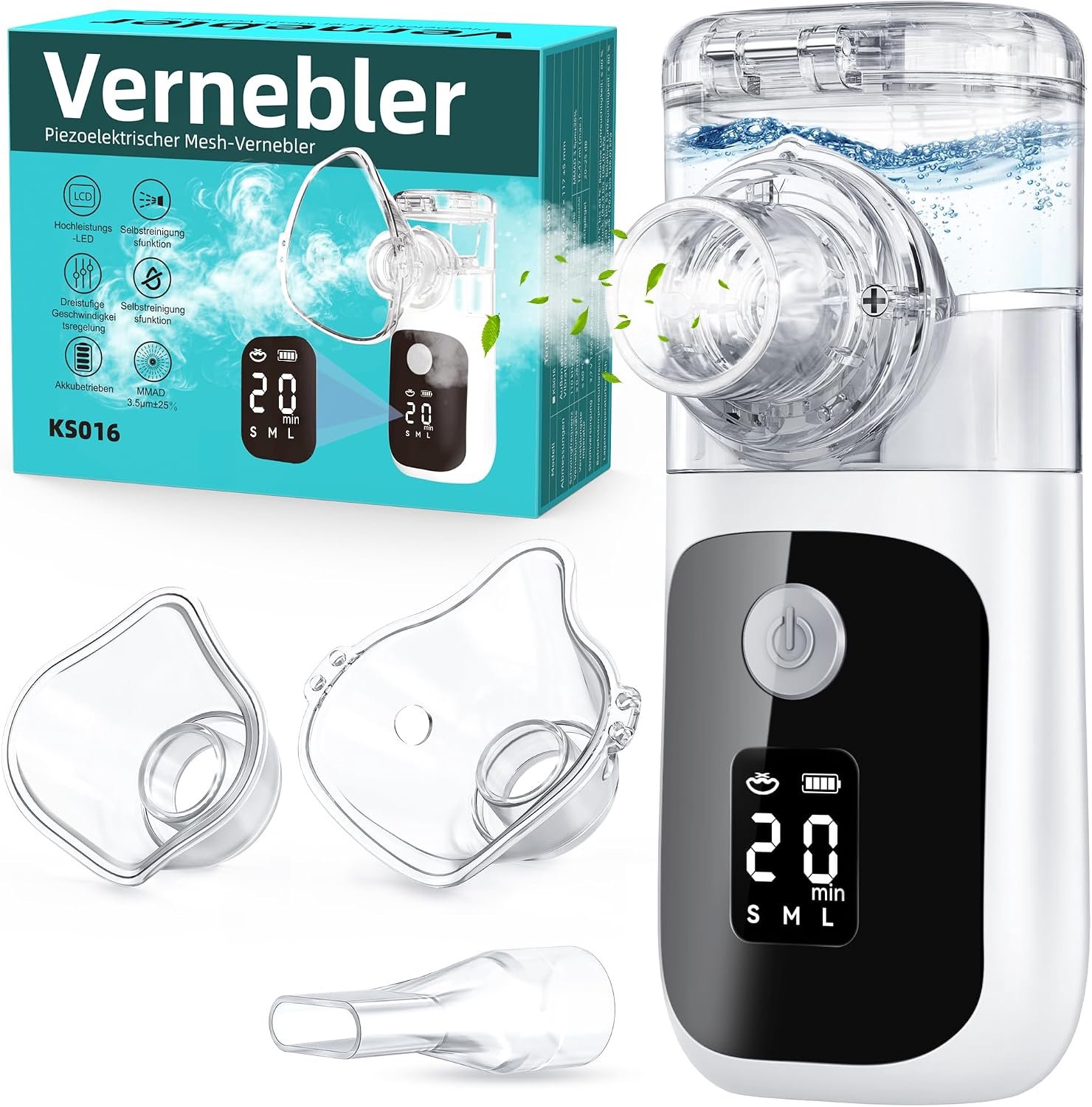 Inhalator voor volwassenen en kinderen, oplaadbaar, stil, met mondstuk en 2 maskers, draagbaar, zelfreinigend, instelbare nevelgrootte, timer