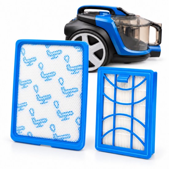 Blauwe motor- en HEPA-uitblaasfilters voor een blauwe stofzuiger.