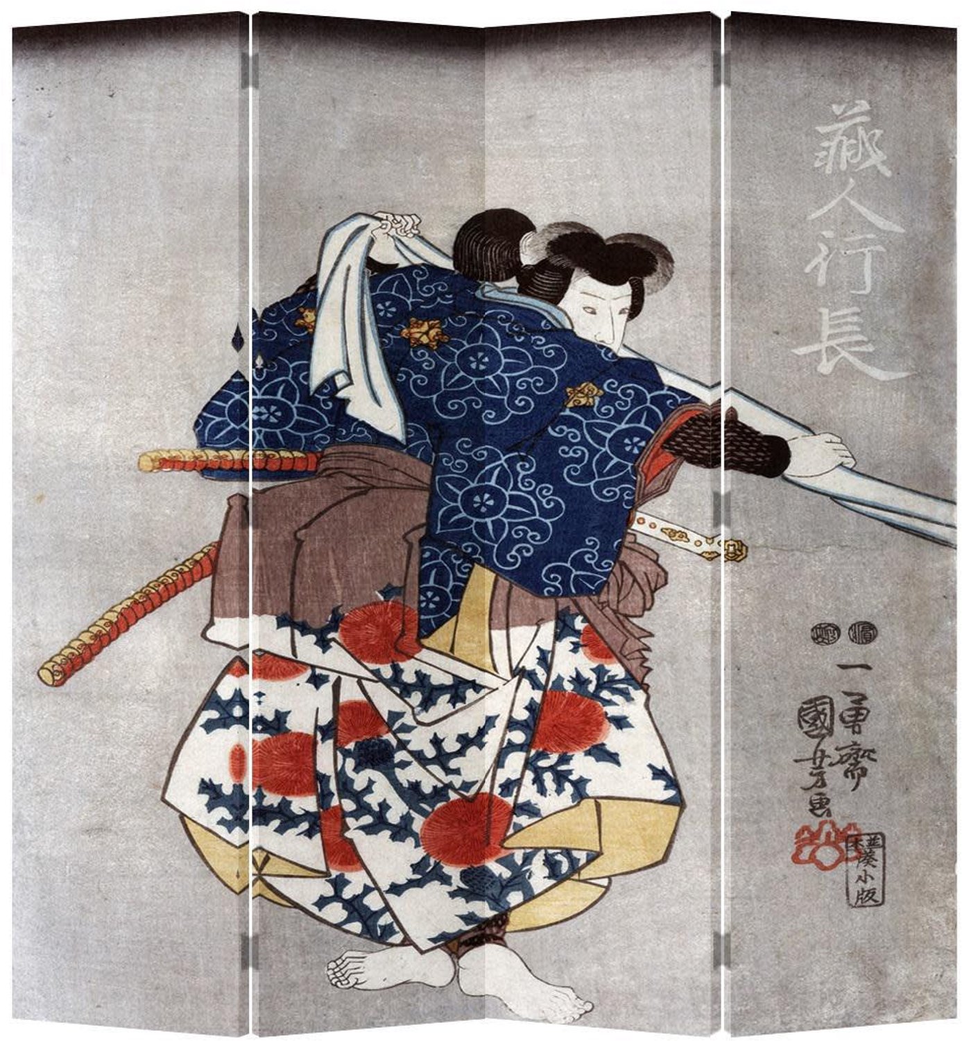 Fine Asianliving Japans Kamerscherm Oosters Scheidingswand B160xH180cm 4 Panelen Japanse Samurai Multicolour, Grijs