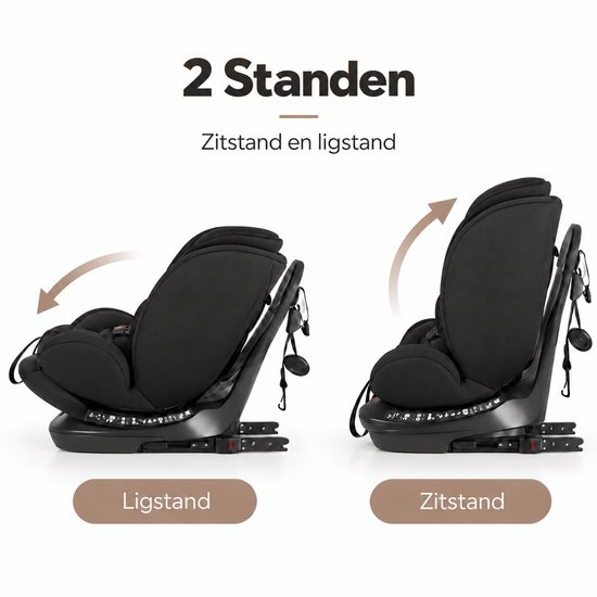 Zwarte autostoel met twee standen: een comfortabele ligstand en een actieve zitstand.