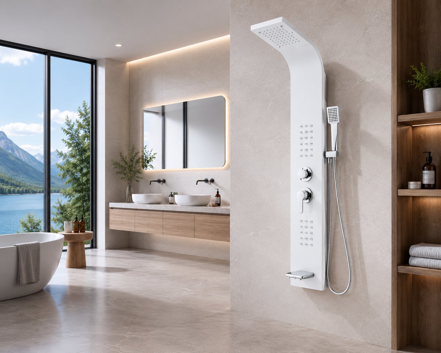 ERFU Douchekolom 5-in-1 – RVS SS304 – Regendouche met Massagejets – Handdouche – Watervaluitloop – Thermostatische Mengkraan
