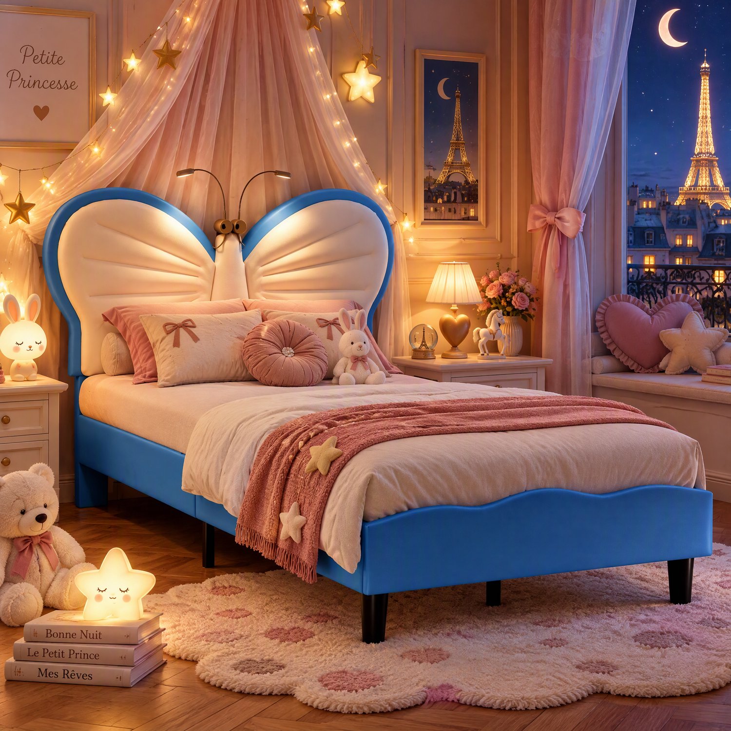 MEXUS Kinderbed 90x200 cm, gestoffeerd bed met vlinderhoofdeinde, eenpersoonsbed met leeslampje, geschikt voor tieners en meisjes, PU-materiaal, Blauw