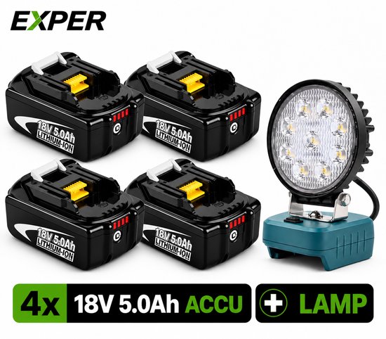 Set van vier 18V 5.0Ah accu's en één werklamp met LED-verlichting.