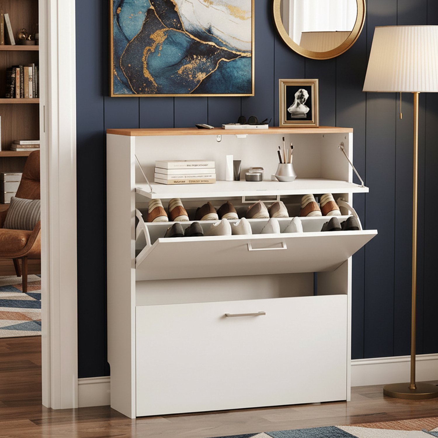 LEADZM Schoenenkast met 2 deuren en 1 lade - Wit met eikdecor bovenblad - 80 x 24 x 94 cm - Spaanplaat