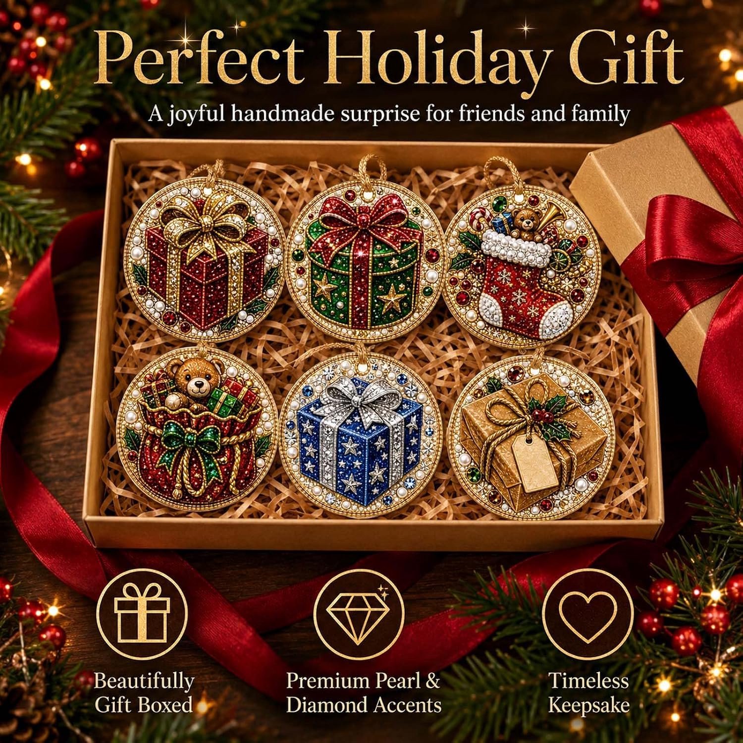 6-delige doe-het-zelfset met houten kerstornamenten - Ronde Houten Hangers - houten diamant schilderij kerst - Diamond Painting Kerstornamenten - Kerst Diamond Painting Set - Kerstboomversiering - Kerstcadeau – foto 2