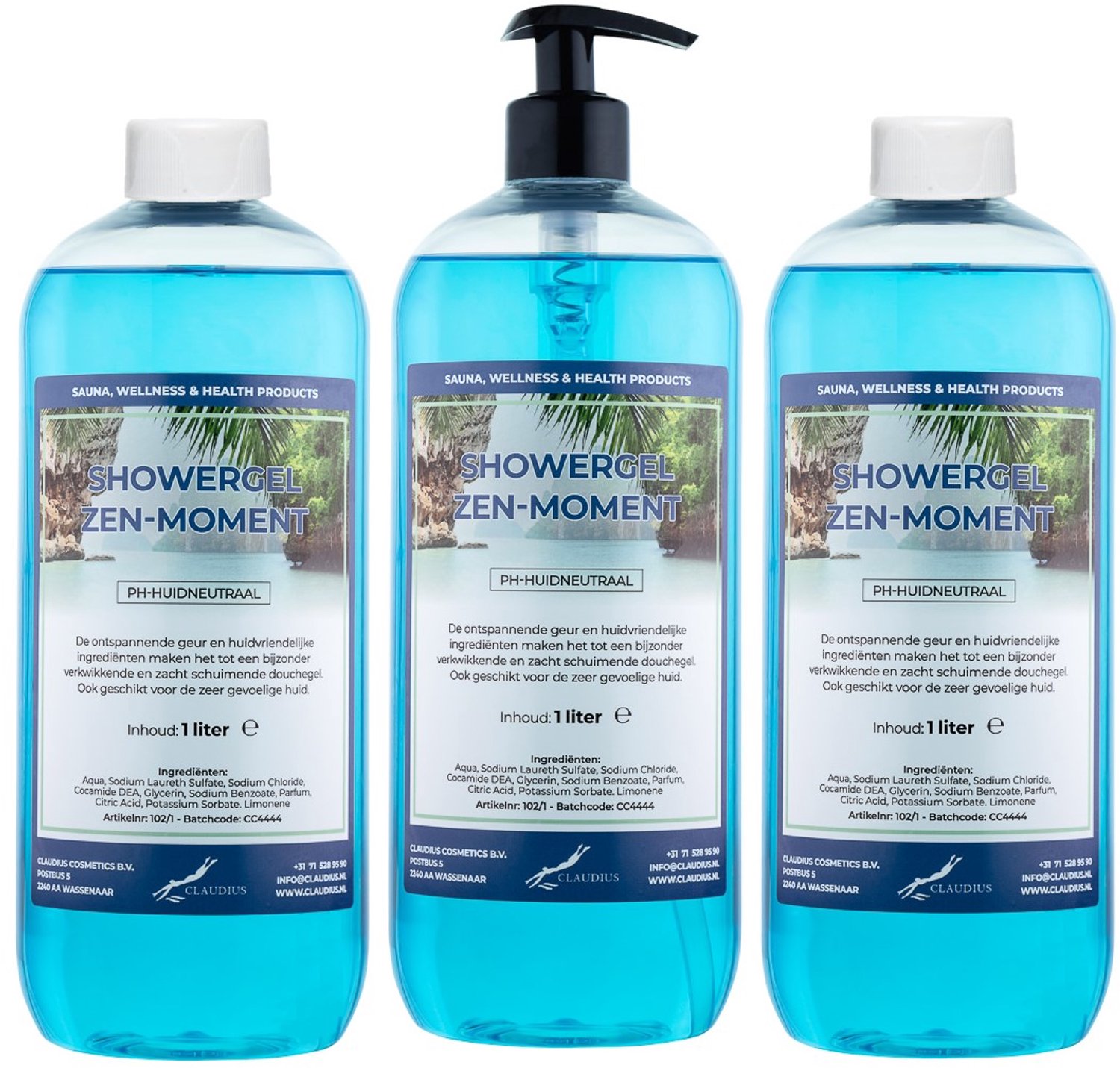 Claudius Douchegel Zen Moment 1 liter - set van 3 stuks - met gratis zwarte pomp - navulling - voordeelverpakking