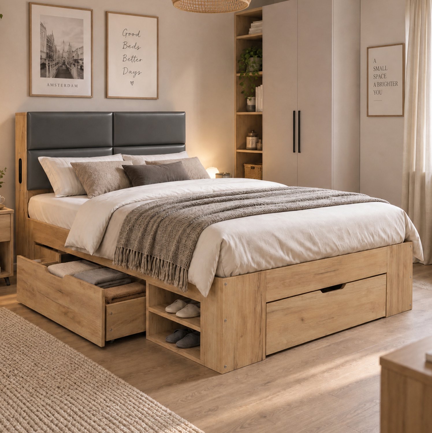 COVREO Eenpersoonsbed met lades – 215x94,5x105 cm – Jeugdbed met PU-kopbord – Slaapmeubel met USB-C – Naturel - zonder matras Natural
