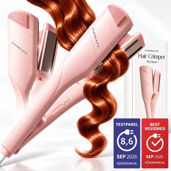 Roze Sansbeauté krultang met golvend rood haar en productverpakking met 'Best Reviewed' label (score 8,6).