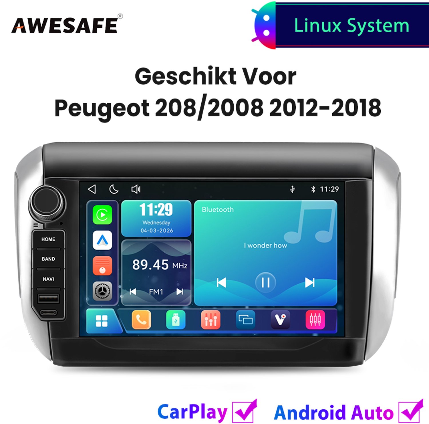 Awesafe Autoradio - Geschikt Voor Peugeot 208/2008 2012 t/m 2018 - Draadloos Carplay Android Auto - Linux systeem - 8 Inch Touchscreen - FM Radio Bluetooth EQ SWC Wifi Airplay - 2012 2013 2014 2015 2016 2017 2018