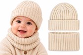Baby Muts en Colsjaal Set – Gebreid met Warme Voering – Crème Beige – 3-12 Maanden – Wintermuts en Nekwarmer voor Baby's